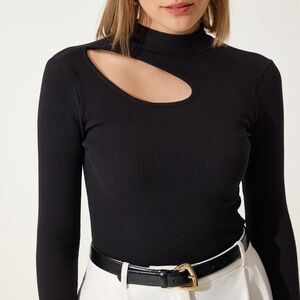 Women's Black Cut-Out Detailed Ribbed Knitted Blouse